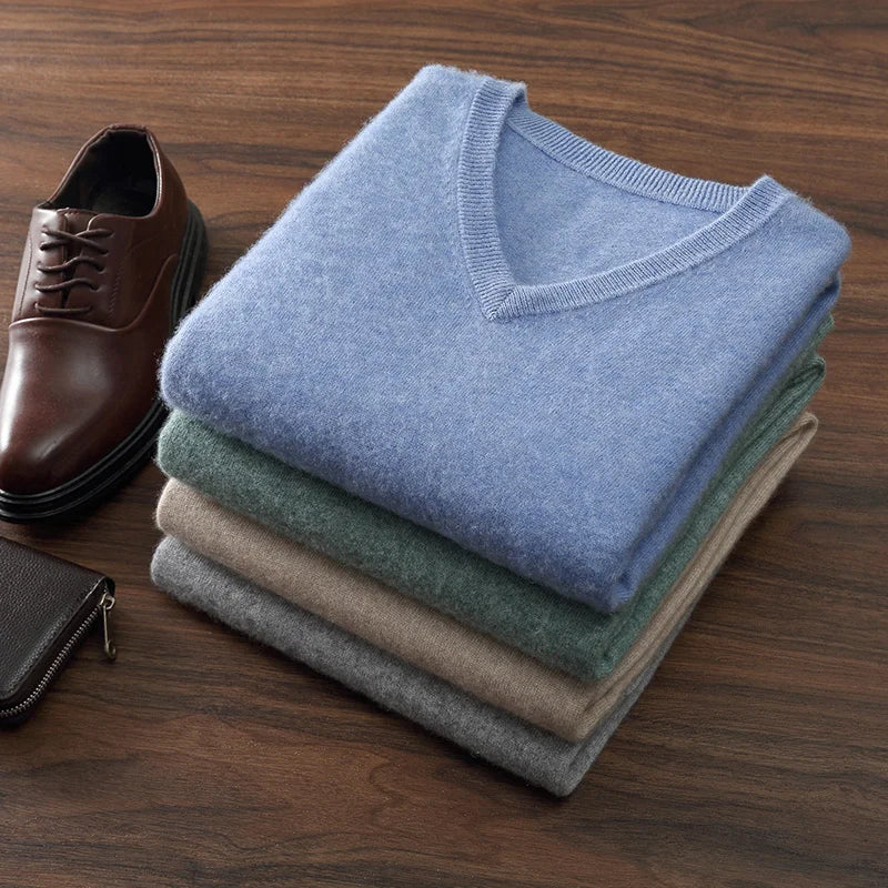 Autumn/Winter New Men's 100% Cashmere Pullover Business Casual Solid Knitted Sweater Loose V-neck Tops Basic Thick Warm Jumper