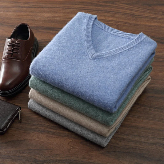 Autumn/Winter New Men's 100% Cashmere Pullover Business Casual Solid Knitted Sweater Loose V-neck Tops Basic Thick Warm Jumper