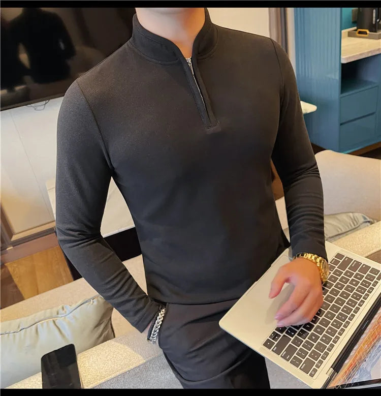 Men's Half Zipper Long Sleeved T-shirt Autumn Winter New Pure Color Thicken Slim Fit Elastic Fashionable Versatile T-Shirt