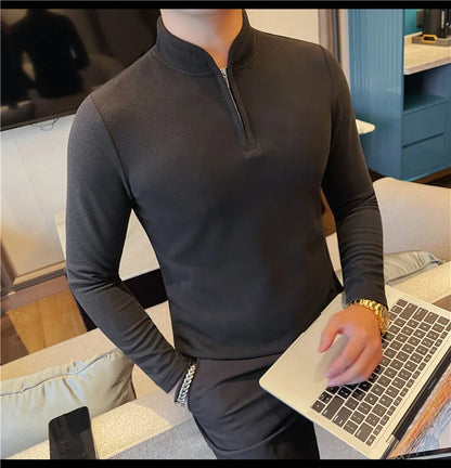 Men's Half Zipper Long Sleeved T-shirt Autumn Winter New Pure Color Thicken Slim Fit Elastic Fashionable Versatile T-Shirt