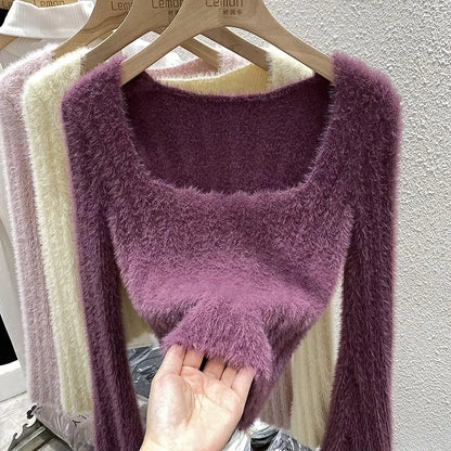 Mink Sweater Women's Autumn and Winter Inner Top French Niche Square Neck Short Soft Sticky Long Sleeves Top Bottom Knit Sweater