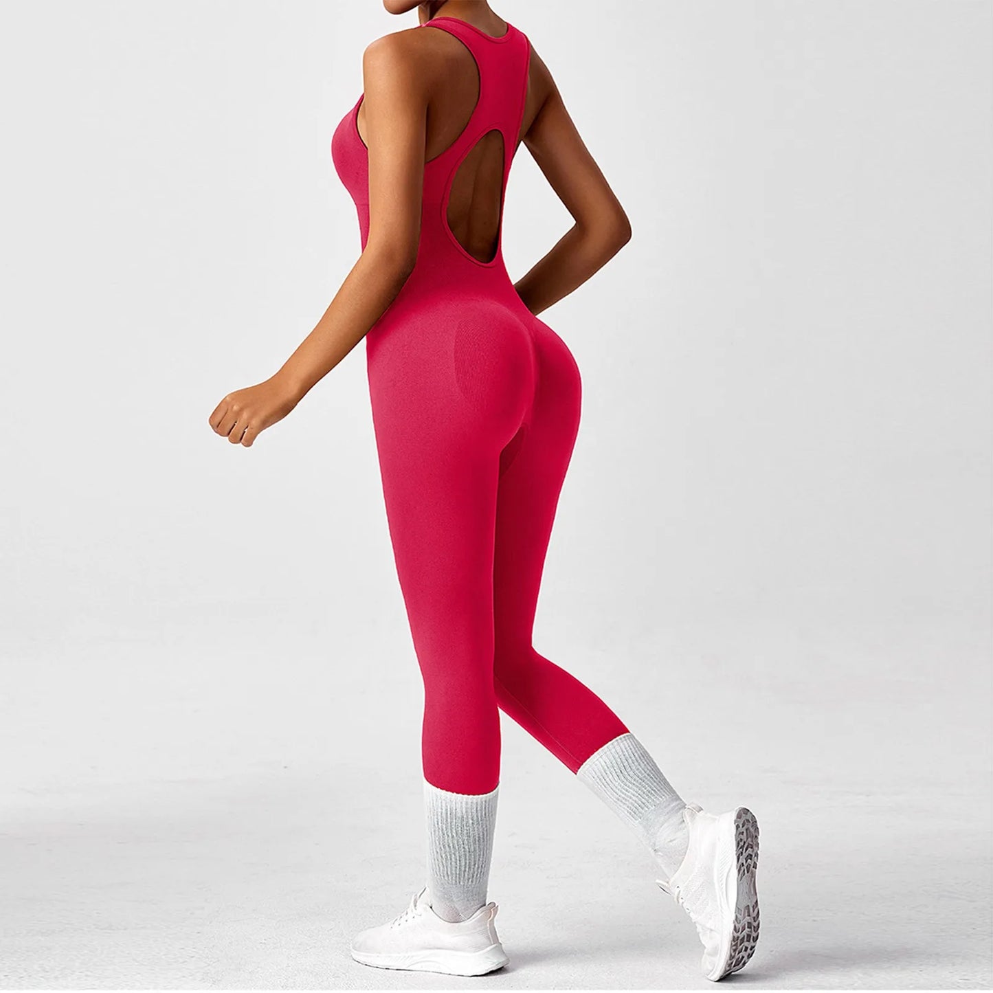 Women's Fashionable Solid Color Round Neck Tight Back Yoga Suit Yoga Jumpsuit Sports Overalls Gym Clothing Set Sexy Yoga Clothes