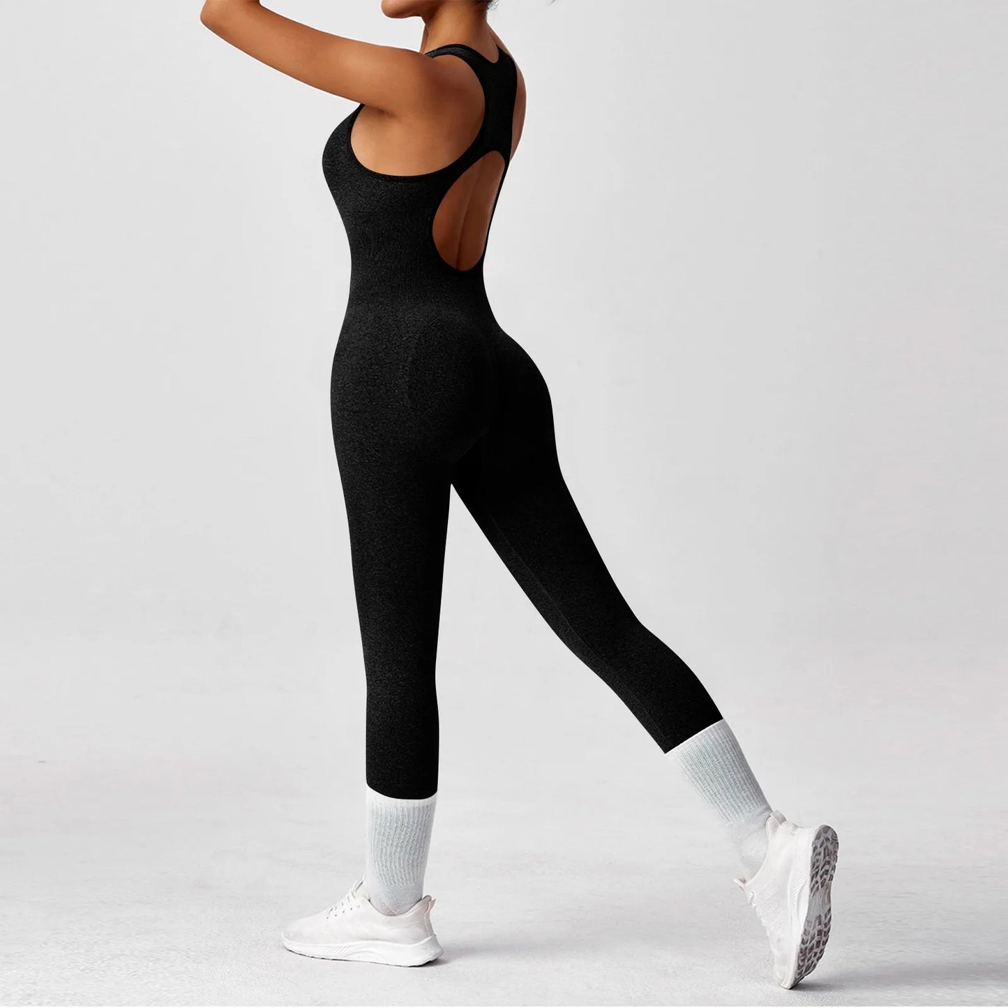 Women's Fashionable Solid Color Round Neck Tight Back Yoga Suit Yoga Jumpsuit Sports Overalls Gym Clothing Set Sexy Yoga Clothes