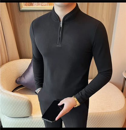 Men's Half Zipper Long Sleeved T-shirt Autumn Winter New Pure Color Thicken Slim Fit Elastic Fashionable Versatile T-Shirt
