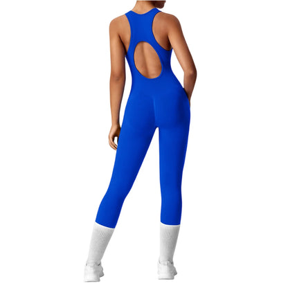 Women's Fashionable Solid Color Round Neck Tight Back Yoga Suit Yoga Jumpsuit Sports Overalls Gym Clothing Set Sexy Yoga Clothes