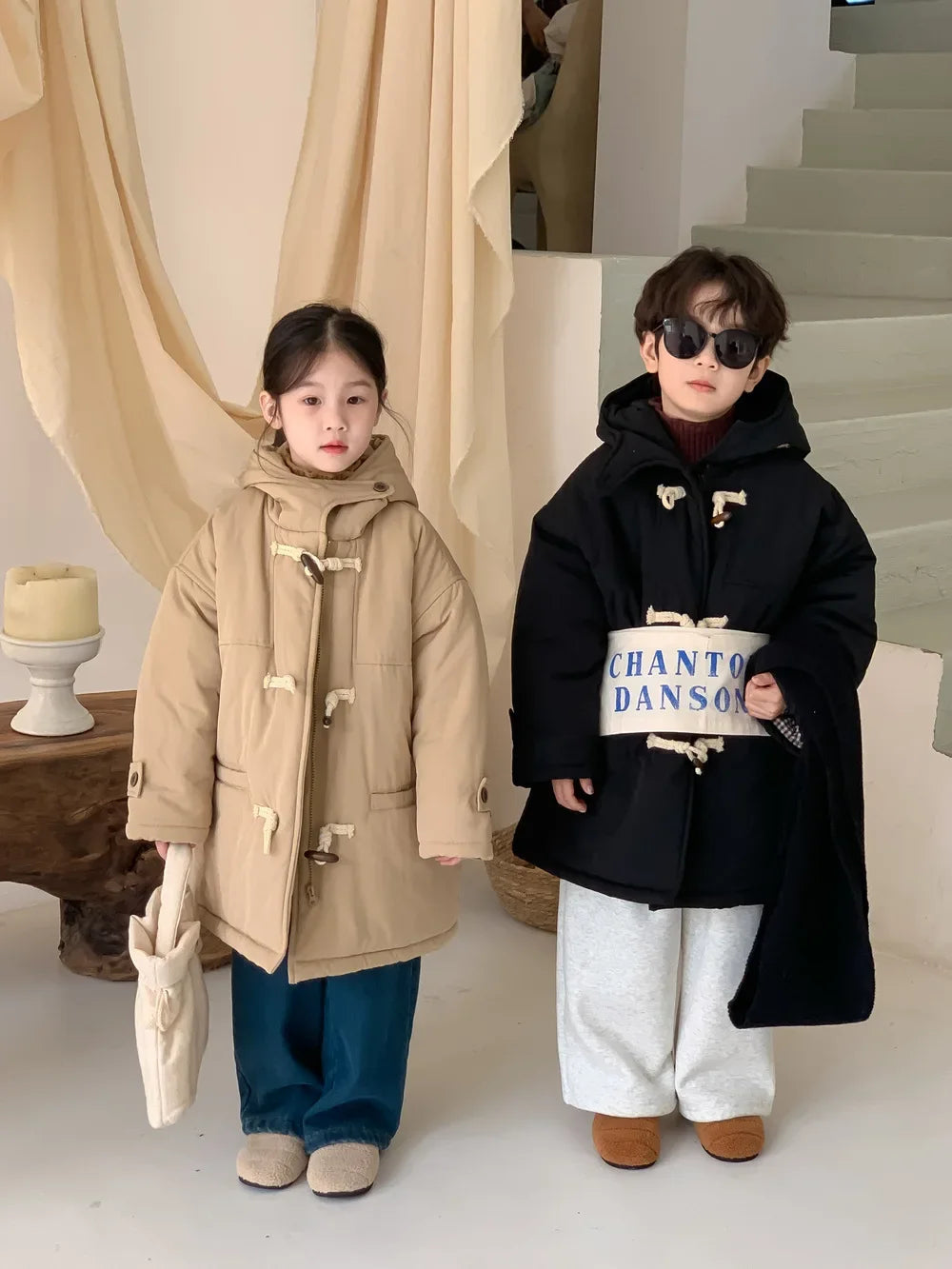 Winter Korean Children Boy Parkas Cotton Padded Thicken Hooded Toddler Boy Snowwear Coat Casual Solid Horn Button Kid Boy Jacket