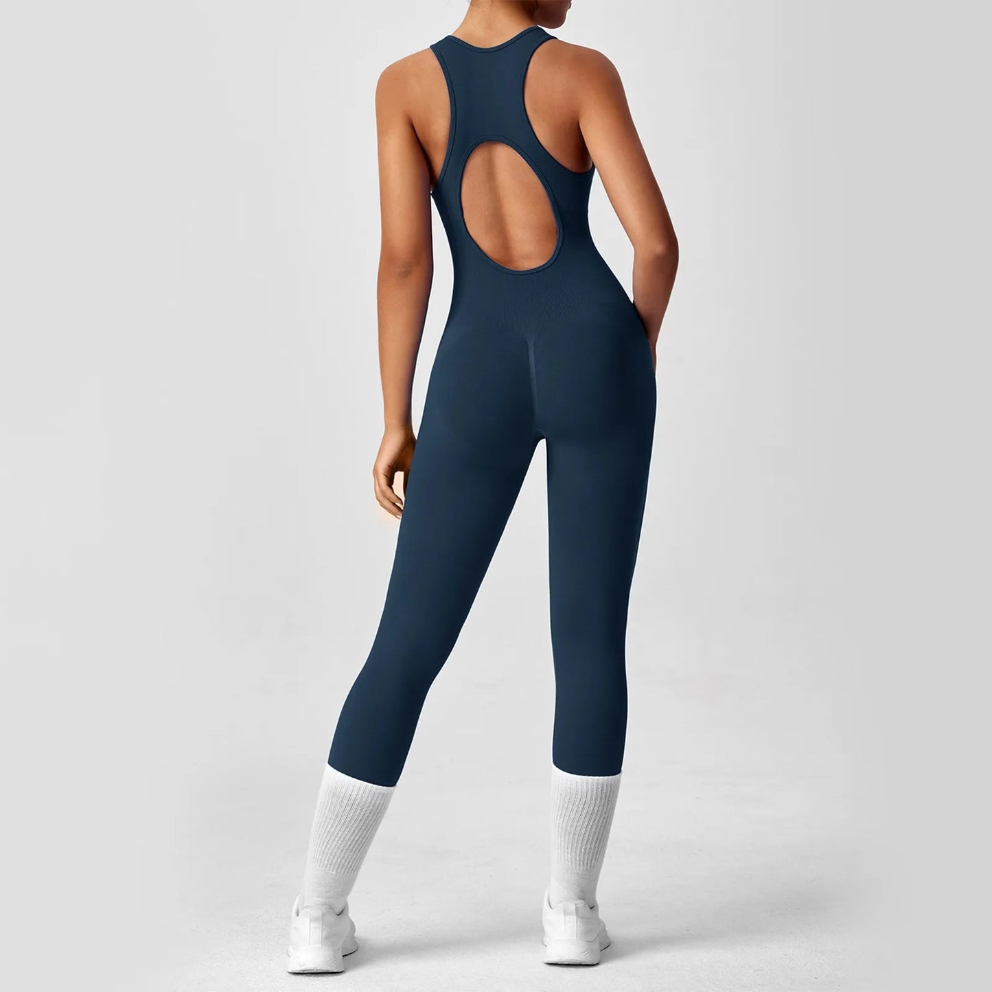 Women's Fashionable Solid Color Round Neck Tight Back Yoga Suit Yoga Jumpsuit Sports Overalls Gym Clothing Set Sexy Yoga Clothes