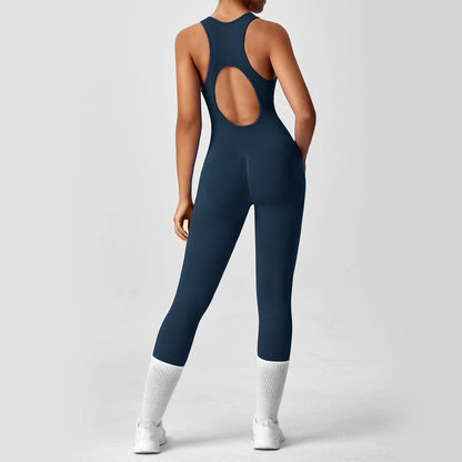 Women's Fashionable Solid Color Round Neck Tight Back Yoga Suit Yoga Jumpsuit Sports Overalls Gym Clothing Set Sexy Yoga Clothes