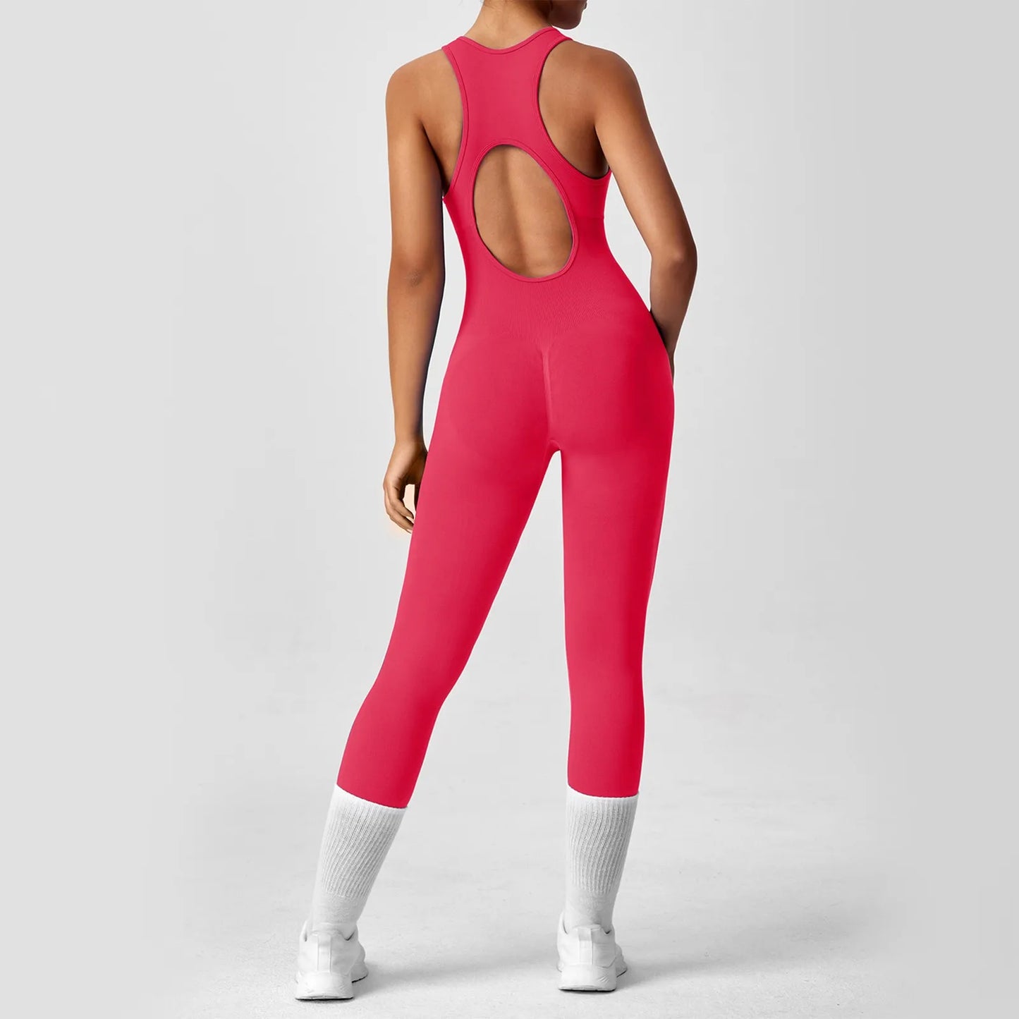Women's Fashionable Solid Color Round Neck Tight Back Yoga Suit Yoga Jumpsuit Sports Overalls Gym Clothing Set Sexy Yoga Clothes