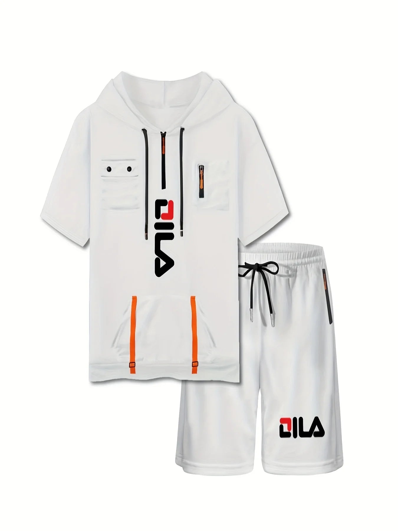 Summer Print Men's 2-piece Set Hooded Streamer Pocket Short Sleeve and Trouble Shorts Comfortable Loose T-Shirt Short Sleeve Set