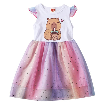 Capybara Clothes Kids Summer Short Sleeve Casual Dresses Baby Girls Lovely Capivara Dress Girl Birthday Gift Princess Vestidos
