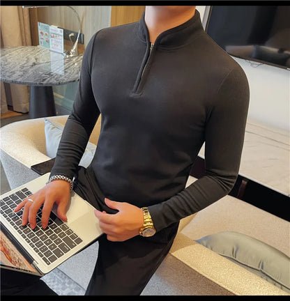 Men's Half Zipper Long Sleeved T-shirt Autumn Winter New Pure Color Thicken Slim Fit Elastic Fashionable Versatile T-Shirt