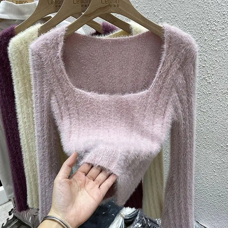 Mink Sweater Women's Autumn and Winter Inner Top French Niche Square Neck Short Soft Sticky Long Sleeves Top Bottom Knit Sweater