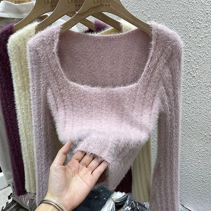 Mink Sweater Women's Autumn and Winter Inner Top French Niche Square Neck Short Soft Sticky Long Sleeves Top Bottom Knit Sweater