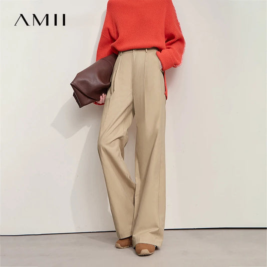 AMII Casual Women Pants 2025 Autumn Elegant Cotton Simple Loose High Waist Pleated Wide Leg Pants Office Lady Clothing 12553020