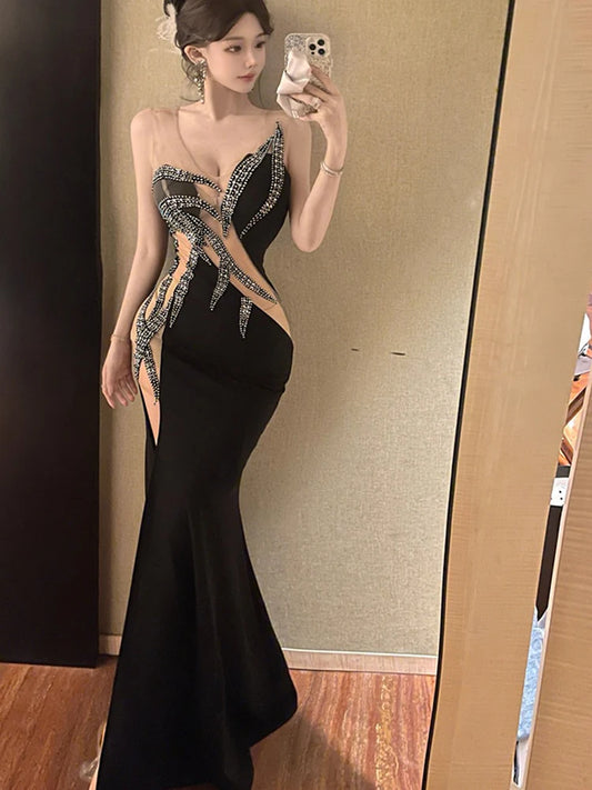 European and American style women exposed legs high fork slimming dress long skirt High end temperament socialite dress