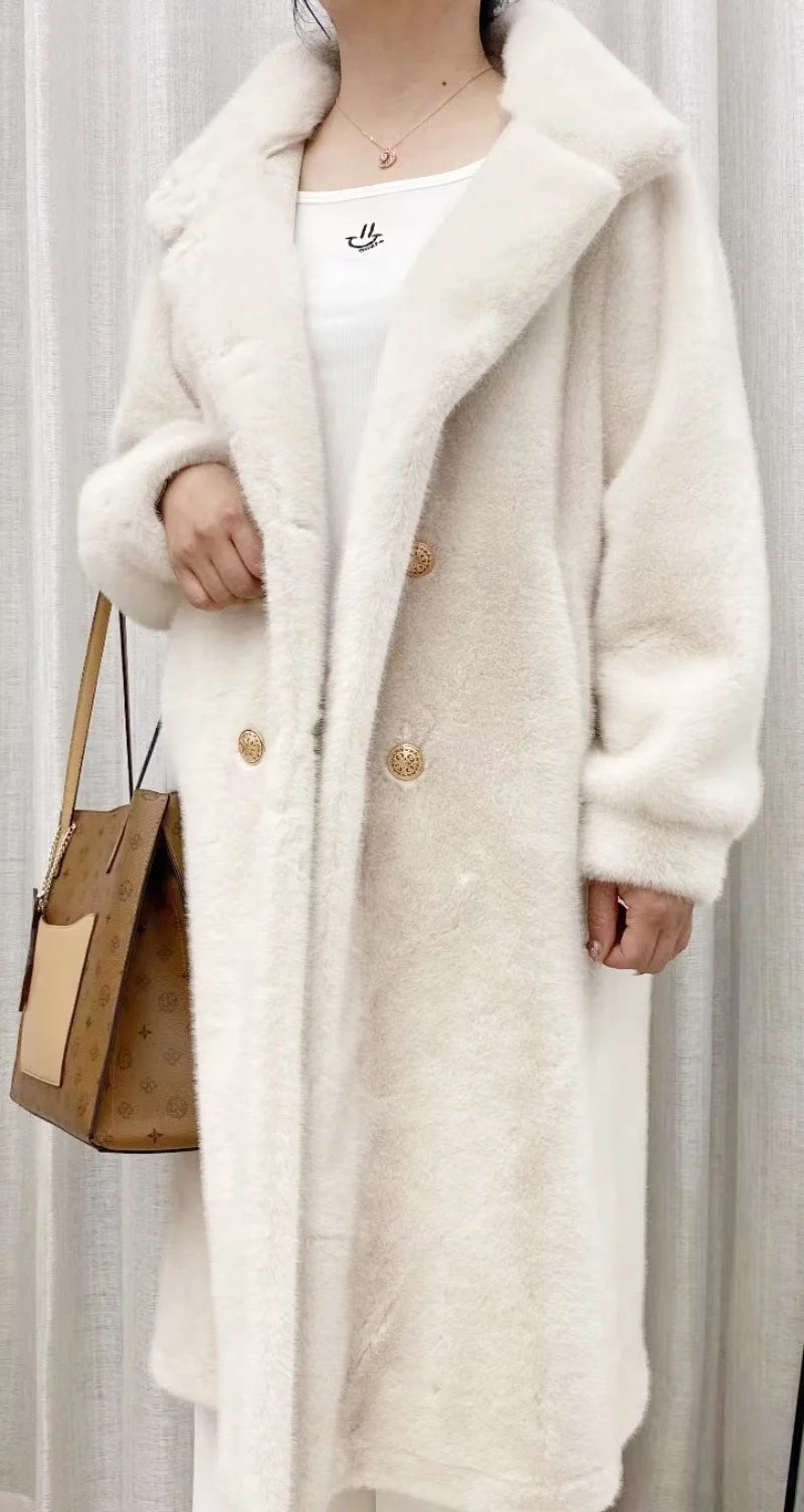 Faux fur coat long coat women's lapel double-breasted loose warm high-end atmospheric coat jacket 24 autumn and winter new