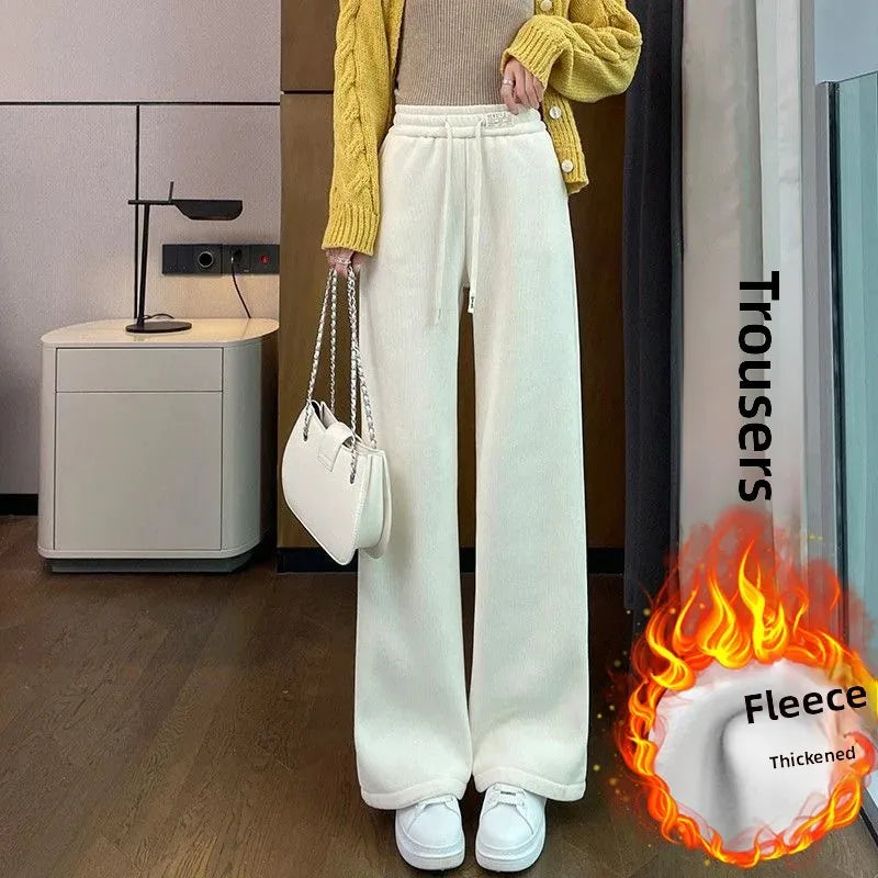 Thickened Corduroy Wide Leg Pants Women's Spring Autumn Fleece Lined Straight Narrow Version Winter Comfortable Trousers