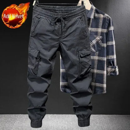 Trousers Man Motorcycle Winter Black Cargo Pants for Men Biker Fleece-lined Nylon Emo Fashion Plus Size High Quality Designer