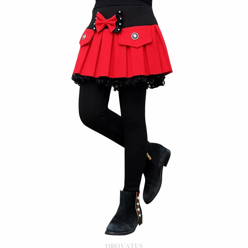 Children Winter Warm Leggings with Skirt For Girls Insulated SKinny Pants-Skirt With Bow Skirtpants Kids Baby Culottes Pants
