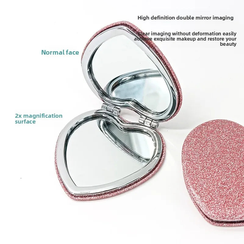 1PC Heart Shape Loose Powder Double Sided Makeup Mirror Portable For Girlfriend Mum Wife Teacher Sister Auntie Birthday Wedding